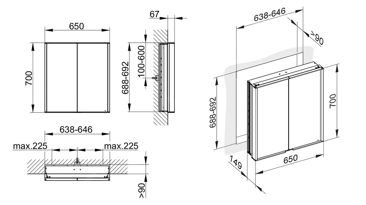 Keuco Royal Match - Spiegelkast Met LED-verlichting, Inbouw, 650x700x149 Mm, Zilver Geanodiseerd 12811171311 - Afbeelding 2