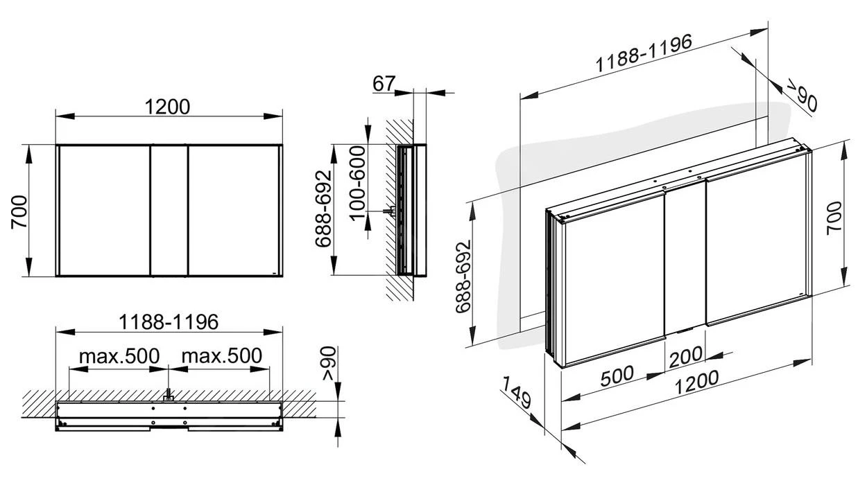 Keuco Royal Match - Spiegelkast Met LED-verlichting, Inbouw, 1200x700x149 Mm, Zilver Geanodiseerd 12814171311 - Afbeelding 2