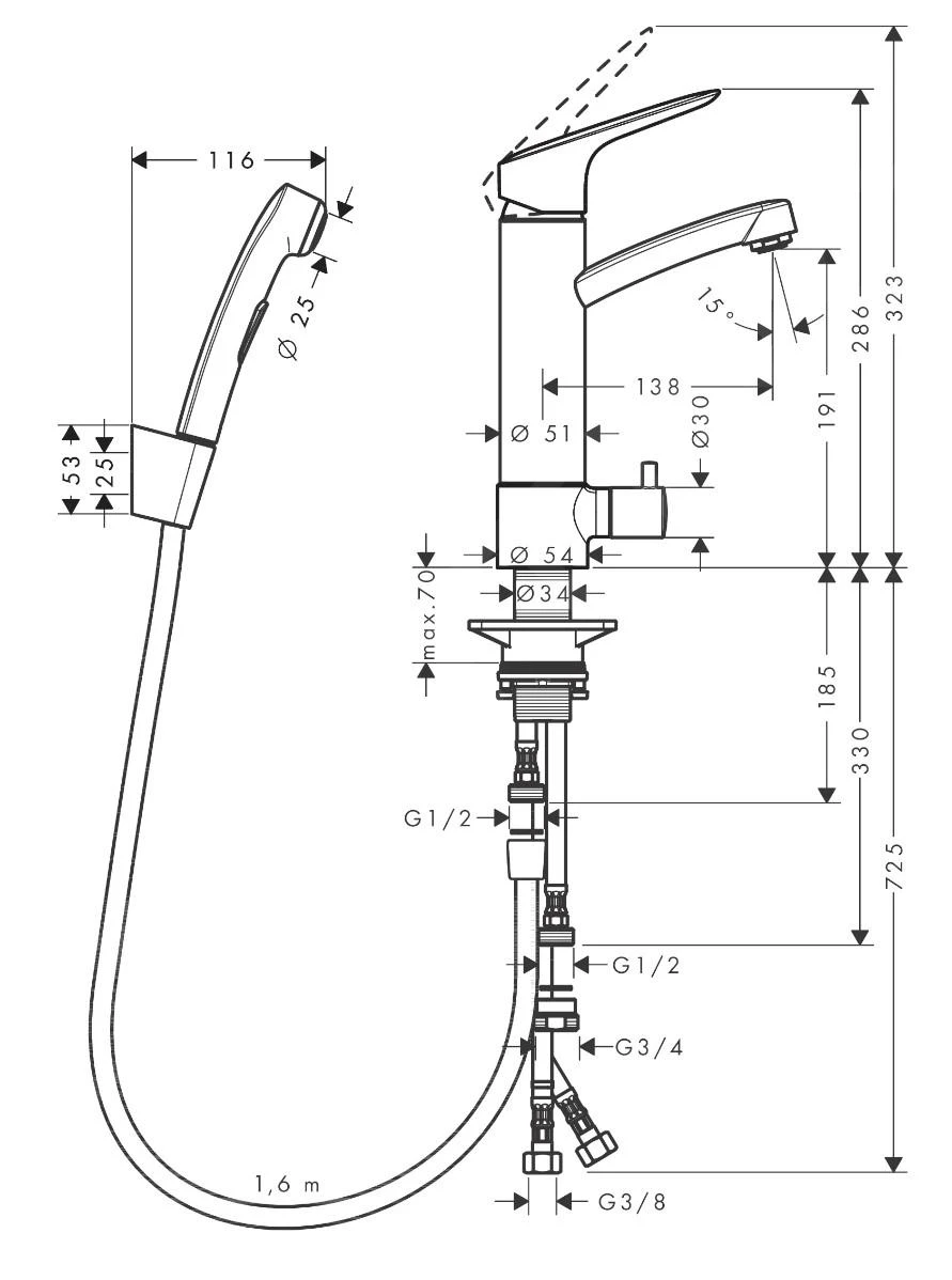 Hansgrohe Talis S2 - Wastafelmengkraan Met Stopkraan En Bidetdouche, Chroom 31515000 - Afbeelding 2