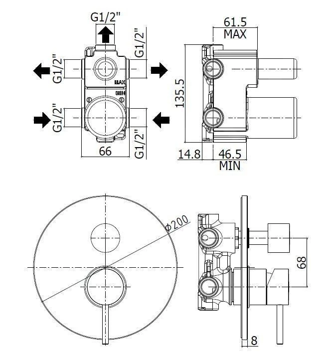 Paffoni Light - Afdekset Met Inbouwdeel, Voor 3 Functies, Zwart Mat LIG019NO - Afbeelding 2
