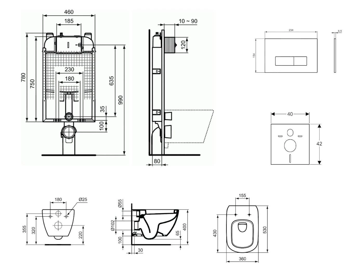 Ideal Standard ProSys - Toiletset- Inbouwreservoir, Closet, WC-zitting Tesi, Oleas M2 Bedieningsplaat, Mat Chroom ProSys80M SP86 - Afbeelding 2