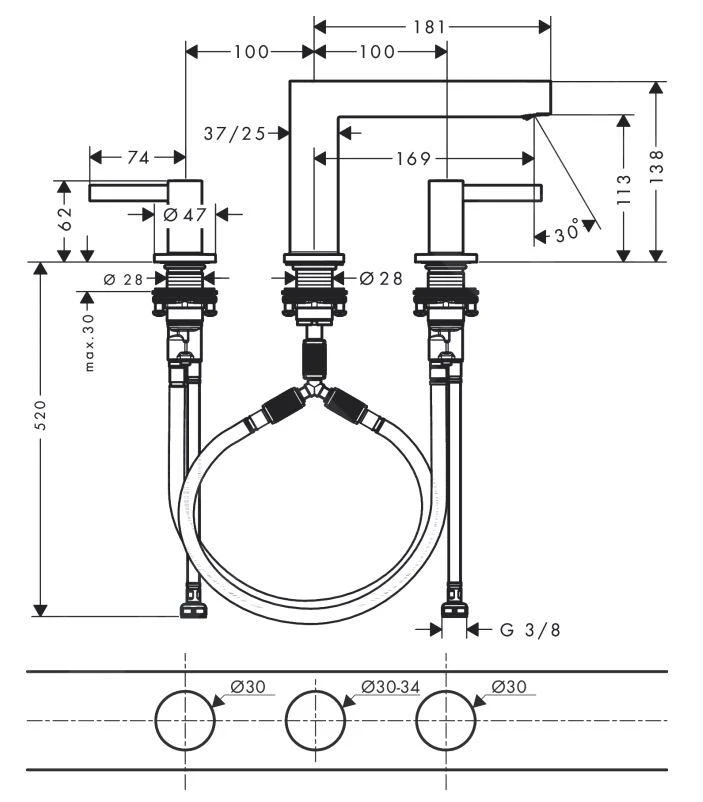Hansgrohe Finoris - Wastafelkraan 110, 3-gats, Incl. Push-Open Afvoer, EcoSmart, Mat Zwart 76033670 - Afbeelding 2