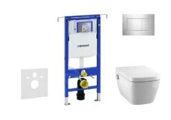 Geberit Duofix - Inbouwreservoir Voor Hangend Toilet Met SIGMA30 Bedieningsknop, Glanzend Chroom/chroom Mat + Tece One - Hangend Douche-wc En Wc-bril, Rimless, SoftClose 111.355.00.5 NT6