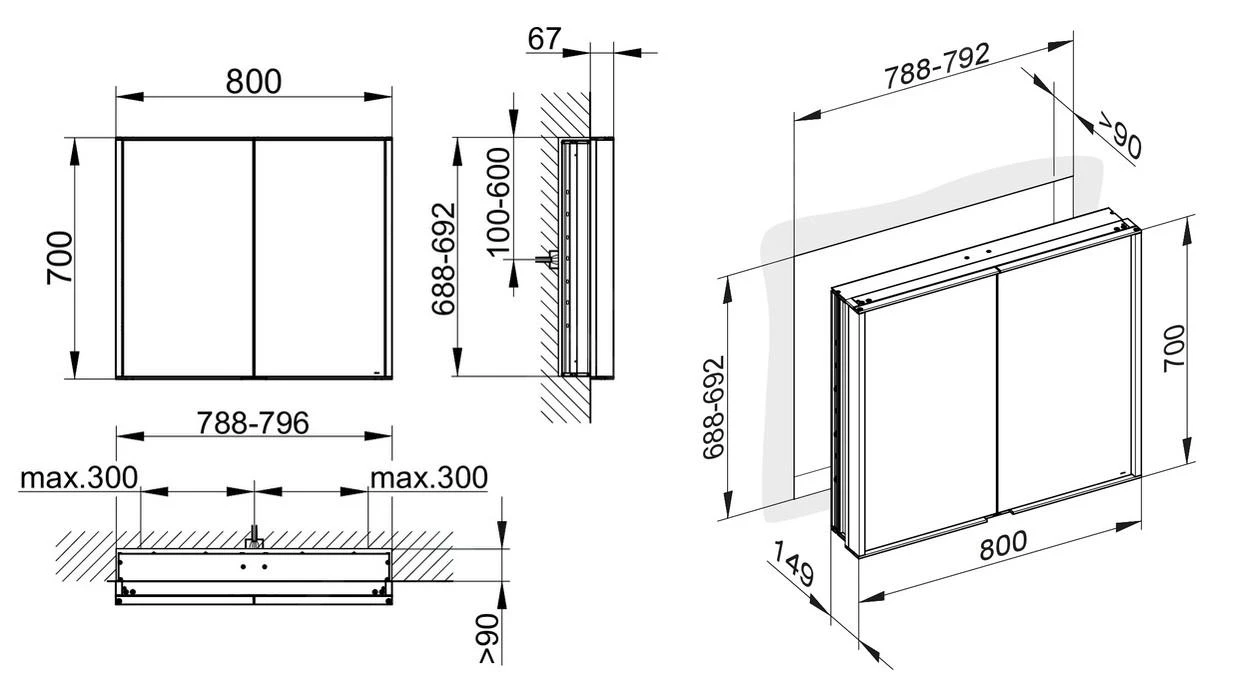 Keuco Royal Match - Spiegelkast Met LED-verlichting, Inbouw, 800x700x149 Mm, Zilver Geanodiseerd 12812171311 - Afbeelding 2