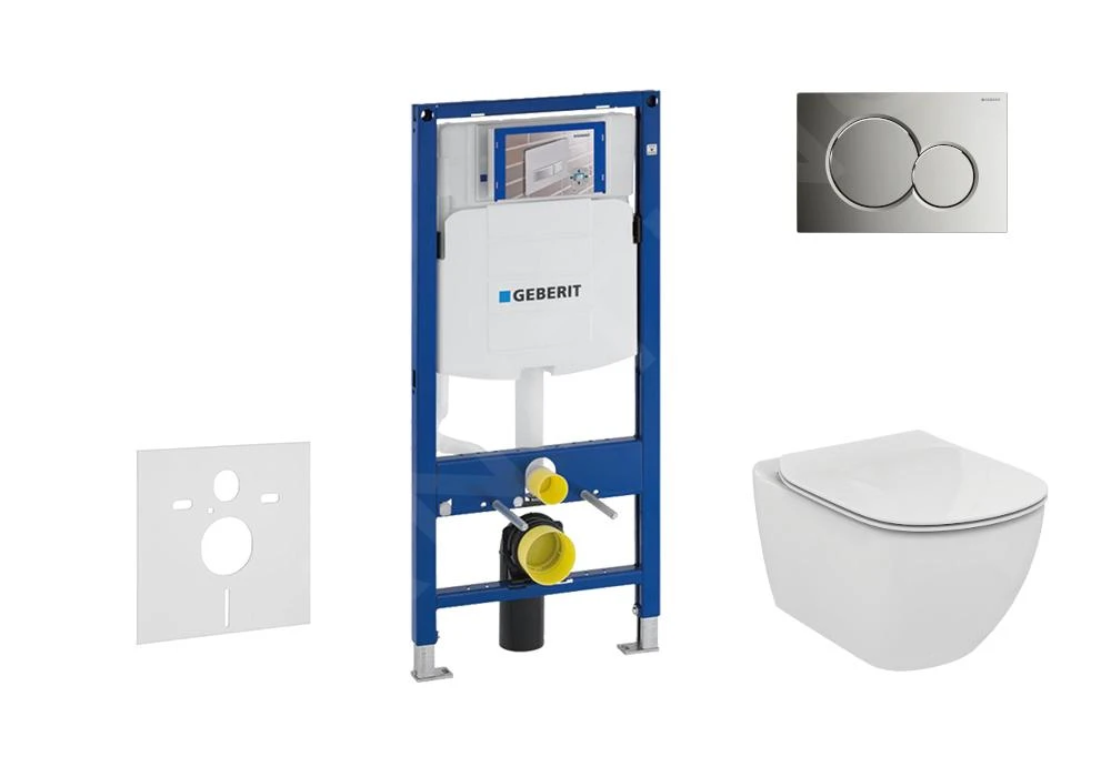Geberit Duofix - Inbouwreservoir Voor Hangend Toilet Met SIGMA01 Bedieningsknop, Glanzend Chroom + Ideal Standard Tesi - Hangend Toilet En Wc-bril 111.300.00.5 NF2