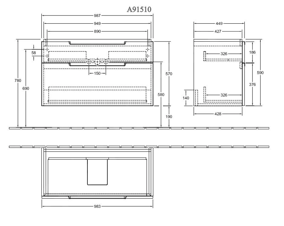 Villeroy & Boch Subway 2.0 - Wastafelonderkast, 987x590x449 Mm, 2 Lades, Glossy White A91510DH - Afbeelding 2